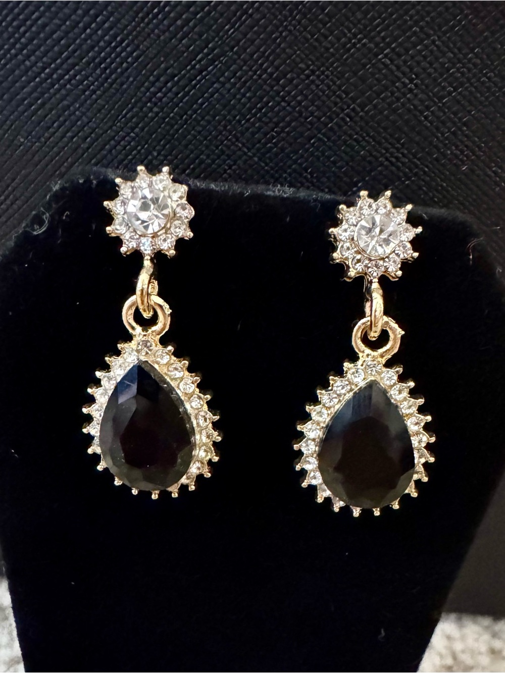 Gold Teardrop Black Crystal Drop Earrings - Elegant Women’s Jewelry